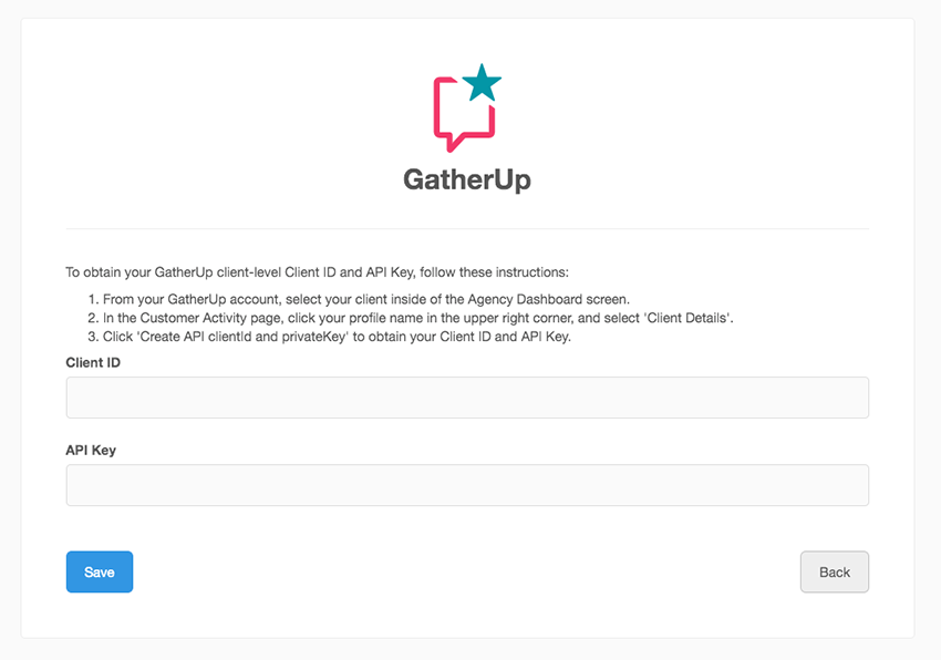 GatherUp api keys for Agency analytics